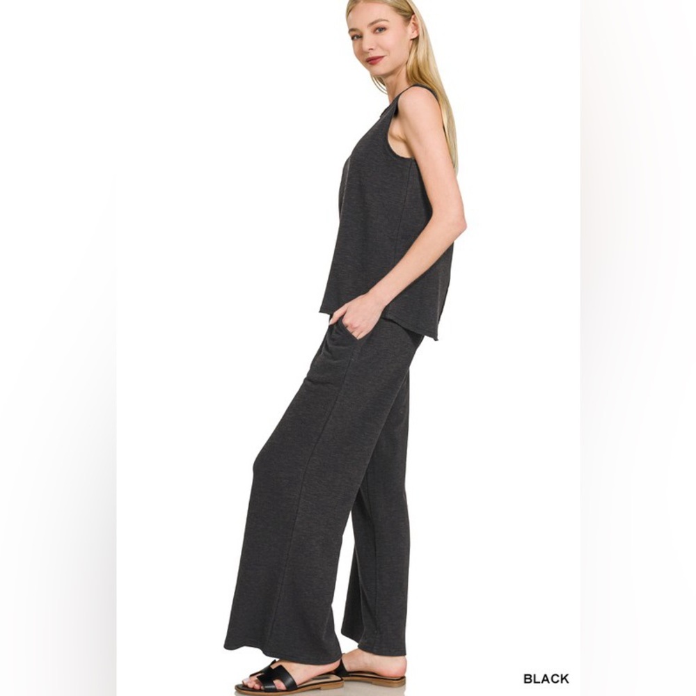 ZENANA BLACK COTTON SLUB TANK & PANTS SET NWOT